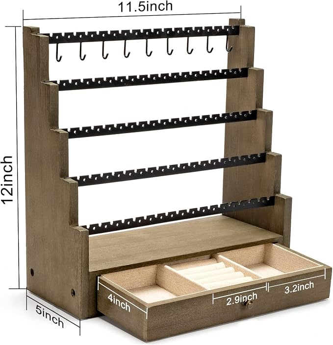 Pinzoveco Earring Organizer, 5 Layer Earring Holder Organizer with Necklace Holder Pole, Rustic Wood Jewelry Organizer Stand Display for Stud Earring Bracelet Necklace Ring, 175 Earring Holes - Image 6
