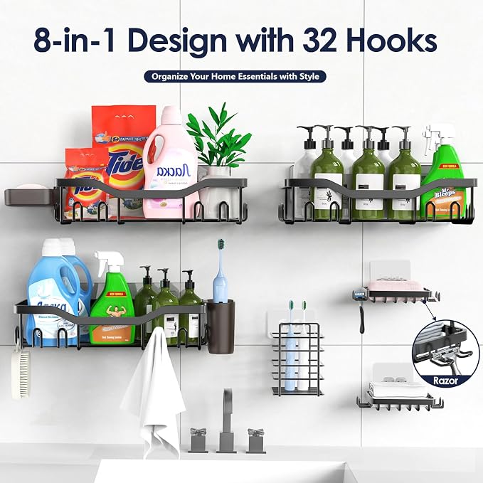 NESOMI Shower Caddy Adhesive Shower Organizer 8-Pack, Rustproof Stainless Steel Bathroom Shelves, Large Capacity No-Drill Rack Storage Accessories with Soap Dish Toothbrush Holder Hooks - Image 7