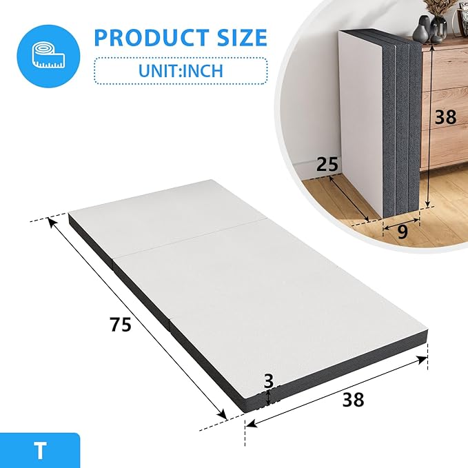 PayLessHere 3 inch Memory Foam Tri Folding Mattress/Portable Foldable Mattress Topper with Washable Cover Non-Slip Bottom for Camping, Guest, Floor RV, CertiPUR-US Certified,Twin