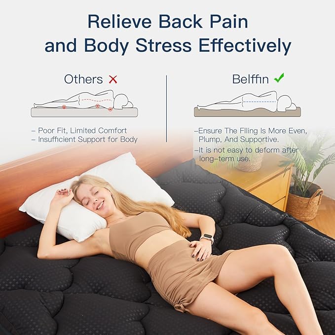 Belffin Pillow Top Mattress Topper California King Size, Mattress Pad Cover with 8-21 Inch Deep Pocket, Bed Mattress Protector for Back Pain Relief Soft Overfilled Down Alternative Filling, Black