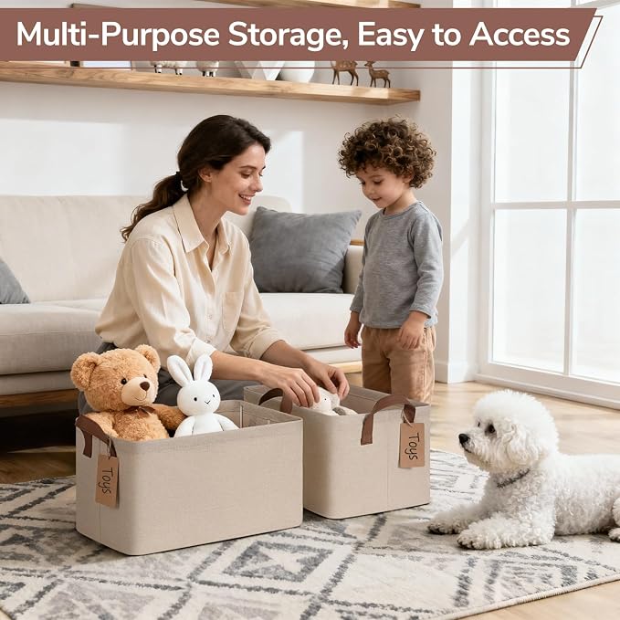 CHICVITA 4 Pack Storage Baskets for Shelves, Foldable Closet Organizer Bins with Handles, Toy Storage Basket for Nursery Living Room, 14.8" x 10.3" x 8.3", Brown - Image 6