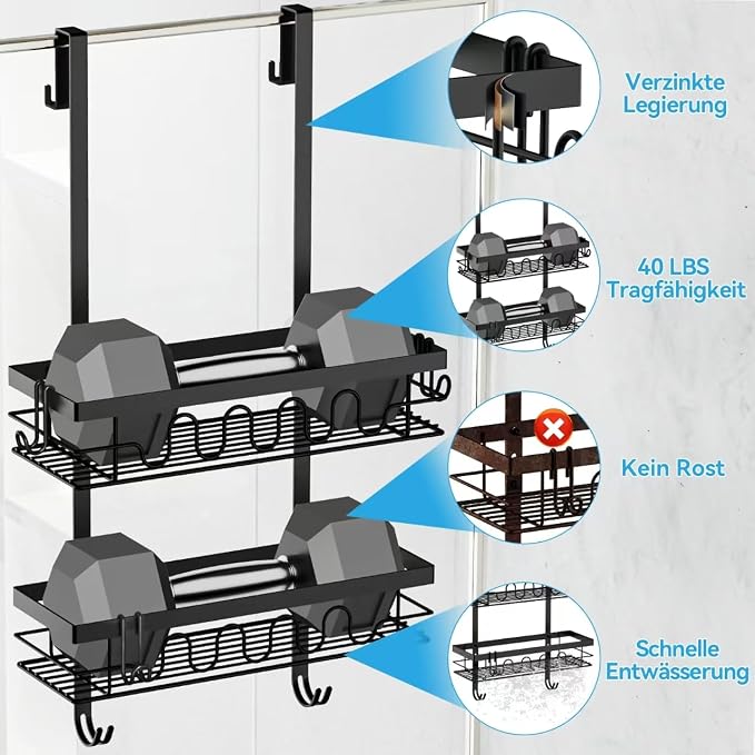 Over the Door Shower Caddy Hanging, 3-in-1 Rustproof Shower Organizer for Glass Door, No Drilling Shower Shelves with 4+3 Hooks, Wave Design, Stable, Adjustable Suitable for Kitchen/Bathroom/Balcony - Image 5
