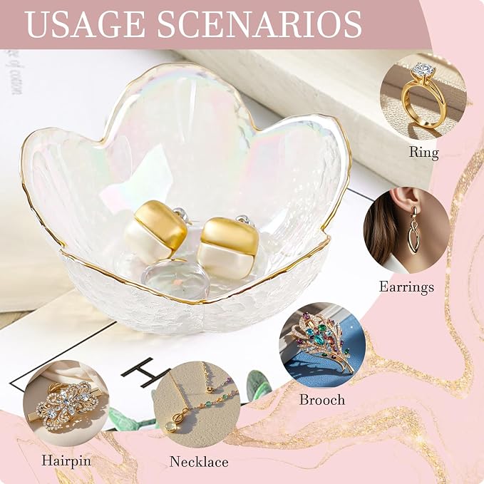 White Flower Jewelry Dish Glass Ring Dish Jewelry Tray Cute Vanity Organizer Room Decor Aesthetic Nightstand Bathroom Decor Trinket Dish Ring Holder Jewellery Tray Valentine's Birthday Gifts for Women - Image 9