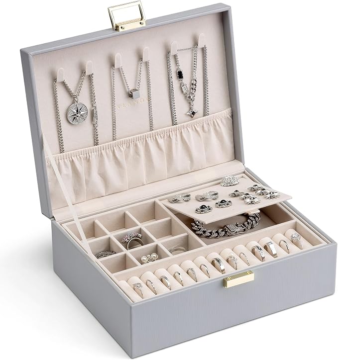 VLANDO 2 Layer Jewelry Box Large Jewelry Organizer for Women Removable Jewelery Tray for Necklace Earrings Rings Bracelets Jewelry Boxes Christmas Birthday Gifts for Women(Grey) - Image 7