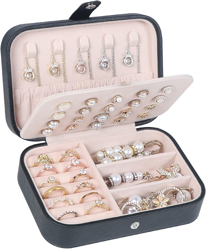 Hatori Travel Jewelry Box, PU Leather Small Jewelry Organizer for Women Girls, Portable Mini Travel Case Display Storage Holder Boxes for Stud Earrings, Rings, Necklaces, Bracelets (Black Beige) by SAJOMA