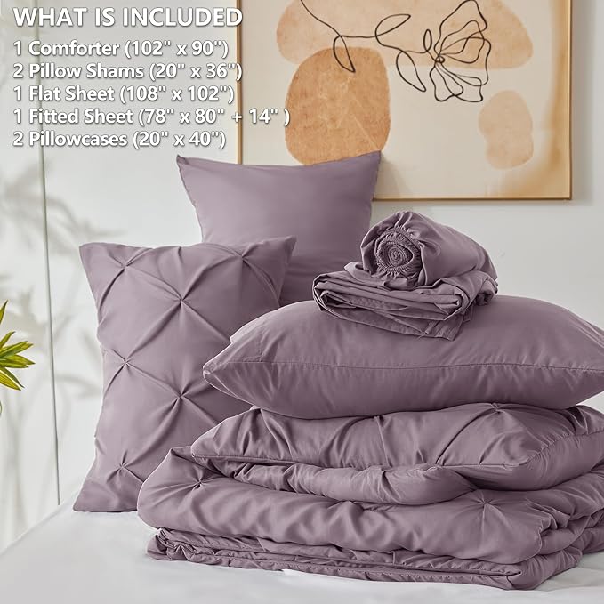 CozyLux King Size Comforter Set Grayish Purple, 7 Pieces Bed in A Bag Purple Comforter King Size, Pinch Pleat Bedding Set with All Season Comforter, Sheets, Pillowcases & Shams