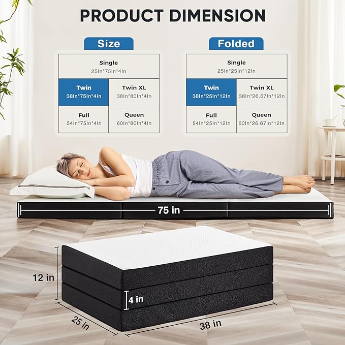Folding Memory Foam Mattress, 4" Tri-Fold Twin Mattress Topper with Washable Cover, Portable Guest Floor Bed Non-Slip for Travel Camping