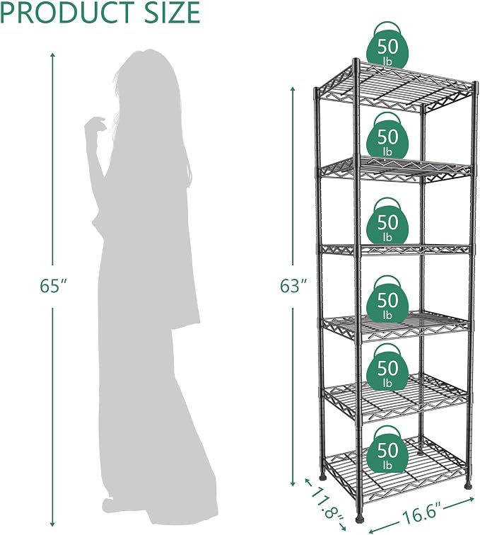 GIOTORENT 6-Tier Storage Shelves Standing Shelving Metal Units, Adjustable Height Wire Shelf Display Rack for Pantry Laundry Bathroom Kitchen 16.6” x 11.8” x 63”, Black - Image 6
