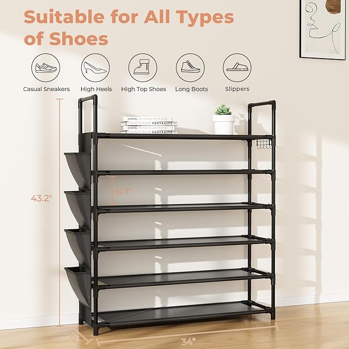 LANTEFUL 6 Tier Shoe Rack, Shoe Organizer Storage for 24-30 Pairs Shoe and Boot, Long Shoe Shelf with Hook and Side Pocket Free Standing Tall Shoe Rack Organizer for Closet, Entryway, Dorm - Image 3