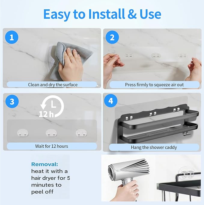 Elegant Shower Caddy Adhesive Replacement, 6 PCS Strong Waterproof Adhesive Hooks and Strips for Shower Shelf and Bathroom Storage Shelves, No Drilling Also Fit Kitchen Rack - Image 6