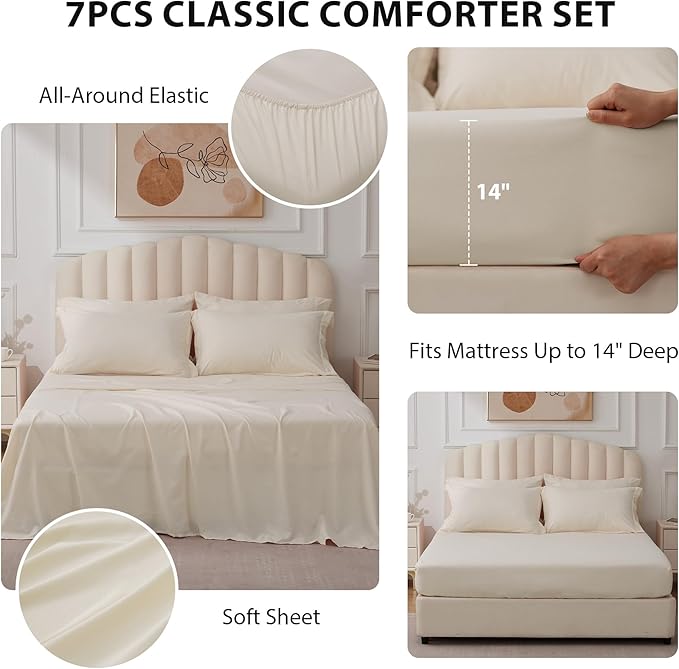 Queen Comforter Set Beige - Bed in a Bag Queen Size 7 Pieces, Soft Bedding Set for All Seasons, Premium Queen Comforter Set with Comforter, Sheets, Pillowcases & Shams