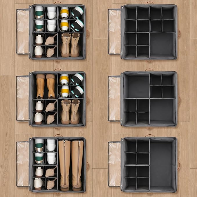 INSTY 2 Pack Shoe Organizer for Closet,Shoe Storage Organizer with Wheels, Fits up to 32 Pairs,Adjustable Dividers,Fabric Shoe Storage Bins with Clear Cover,Beige and Grey - Image 4