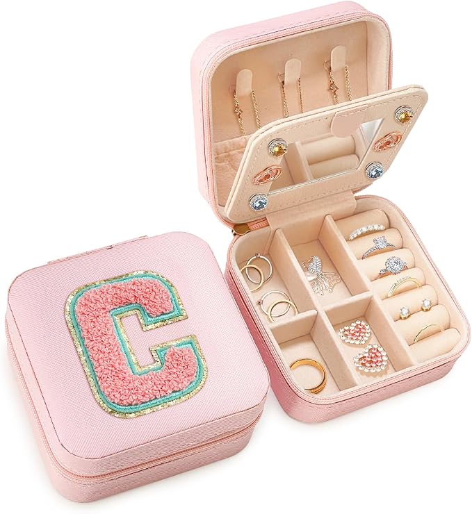 SANDJEST Personalized Jewelry Box, Pink Travel Jewelry Box with Initial C, Small Monogrammed Jewelry Case Organizer for Girls Women Teen Kids, Mini Travel Essentials Gifts for Birthday Christmas by SANDJEST