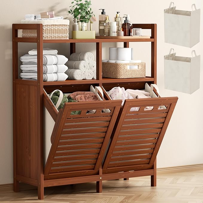 Homykic Tilt Out Laundry Hamper Cabinet, Bamboo Double Laundry Hamper with 2 Removable Laundry Baskets, 20 Gal Laundry Sorter Organizer with Shelf for Dirty Clothes, Bathroom, Laundry Room, Walnut by Homykic