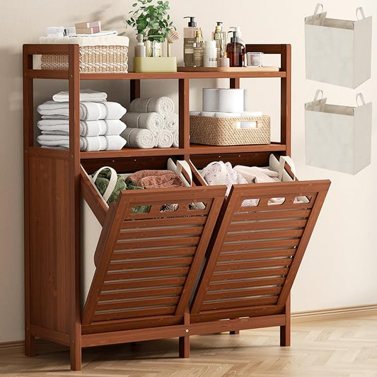 Homykic Tilt Out Laundry Hamper Cabinet, Bamboo Double Laundry Hamper with 2 Removable Laundry Baskets, 20 Gal Laundry Sorter Organizer with Shelf for Dirty Clothes, Bathroom, Laundry Room, Walnut by Homykic