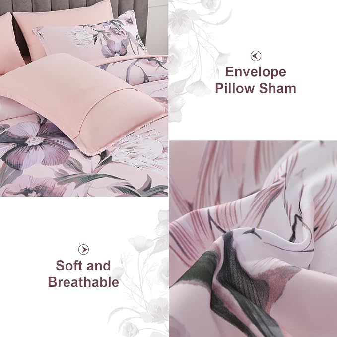 Luxudecor Floral Comforter Set Queen Size 7 Piece, Blush Pink Flower Bed in a Bag, Elegant Comforter Bedding Set for All Season (Blush Pink, 90"x90")