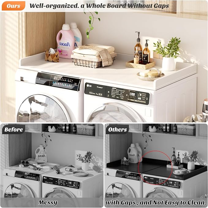 Aheaplus Washer and Dryer Countertop, Laundry Room Organization with Non-Slip Pads, Wood Shelf Topper with Round Corner Edge Rails, Folding Organizer for Laundry, 54" W x 27.5" D, White - Image 2