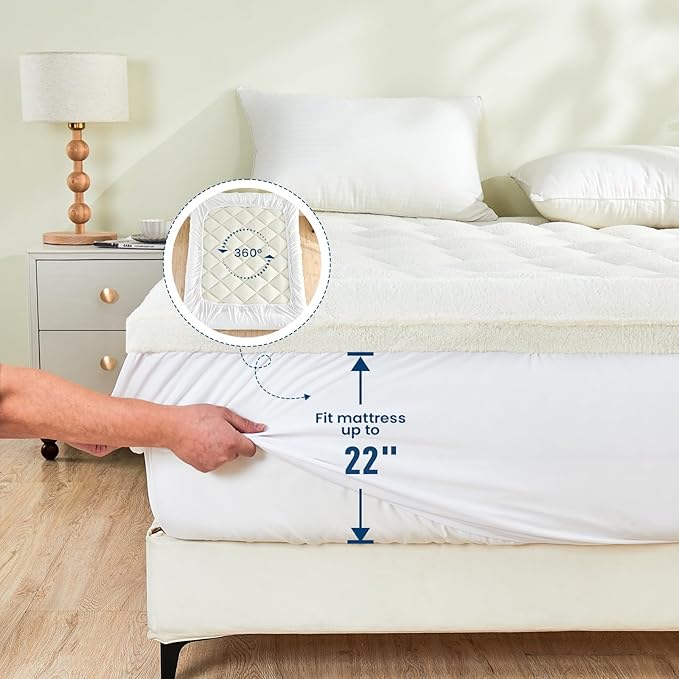 Mattress Topper King for Back Pain Thick Mattress Pad Cover Protector Sherpa Plush Pillow Top Down Alternative Fill Mattress Cover with 8-22 Inch Deep Pocket