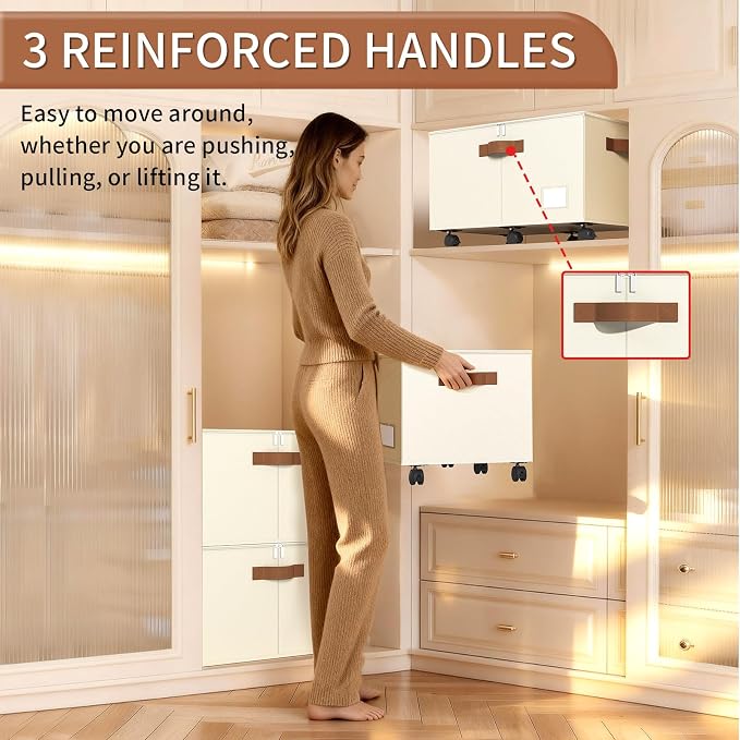 Foyego Shoe Organizer for Closet, Shoe Storage Organizer with Wheels and Adjustable Dividers, Stackable Shoe Storage Box with Clear Cover, Foldable Closet Shoe Organizer Fits up to 24-48 Pairs, Beige - Image 6