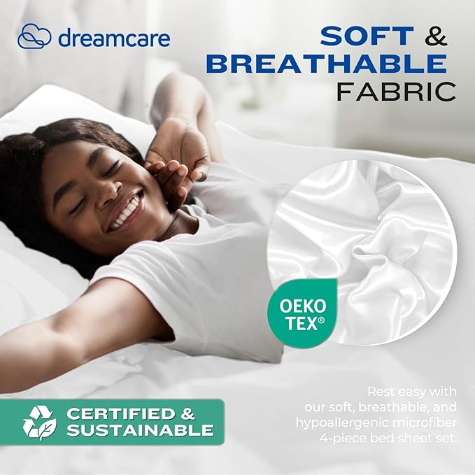 DREAMCARE California King Sheet Sets – 4 pcs Cooling Sheets – up to 21” Deep Cal King Sheets – Hotel Luxury Sheets & Pillowcases – Superior Softness 100% Fine Microfiber with Side Pocket – White