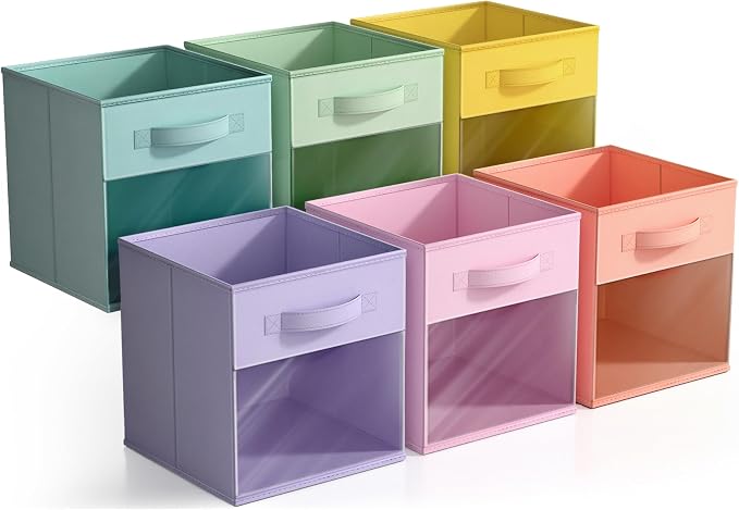 Sorbus 11 Inch Storage Bins with Clear Window - 6 Foldable Baskets for Organizing Clothes, Toys, Books - Sturdy Collapsible Fabric Storage Cubes with Handle - Storage Baskets for Shelves, Closets - Image 6