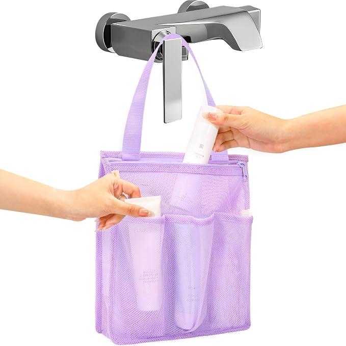 famichan Portable Mesh Shower Caddy, Gym Travel Camp Dorm Room Essentials for College Student Girl, Purple Bathroom Shower Bag by famichan