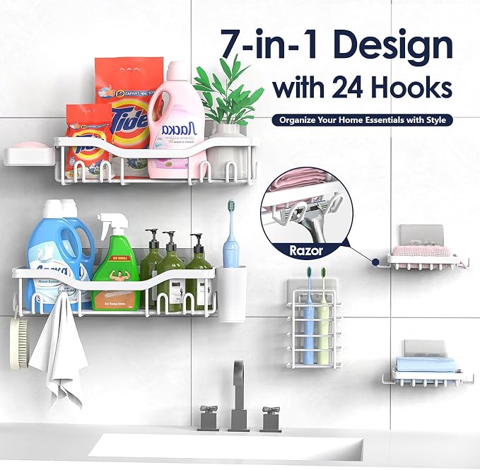 NESOMI Shower Caddy Adhesive Shower Organizer 7-Pack, Rustproof Stainless Steel Bathroom Shelves, Large Capacity No-Drill Rack Storage Accessories with Soap Dish Toothbrush Holder Hooks - Image 4