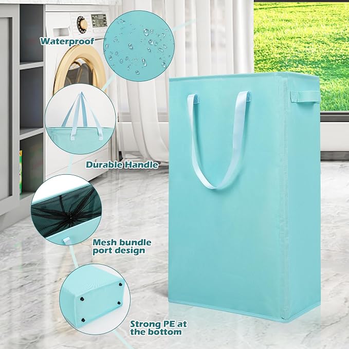 Odonata Slim Laundry Hamper Handles Collapsible Laundry Basket Thin Dirty Clothes Basket Narrow Laundry Bag Foldable Dirty Hamper 45L (Baby Blue) - Image 5
