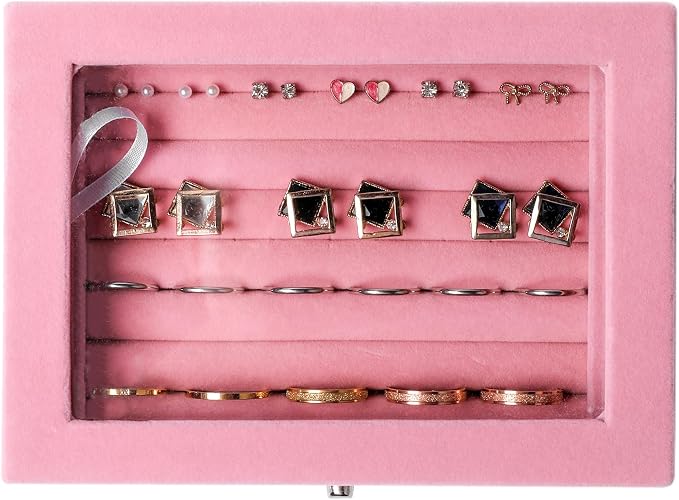 Frebeauty Rings/Earring Organizer Tray with Clear Lid,7 Slots Ring Box Velvet Ring Holder Drawer Insert Jewelry Storage Box Jewelry Display Case Jewelry Box Gift for Women and Girls(Pink,7 Slots) - Image 5