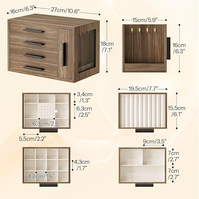 HOOBRO Jewelry Box for Women, Wooden Jewelry Organizer with Transparent Window, 4-Layer Jewelry Organizer Box, Jewelry Holder Organizer for Earrings, Necklaces, Rings, Light Walnut and Black BSD09JB04 - Image 7