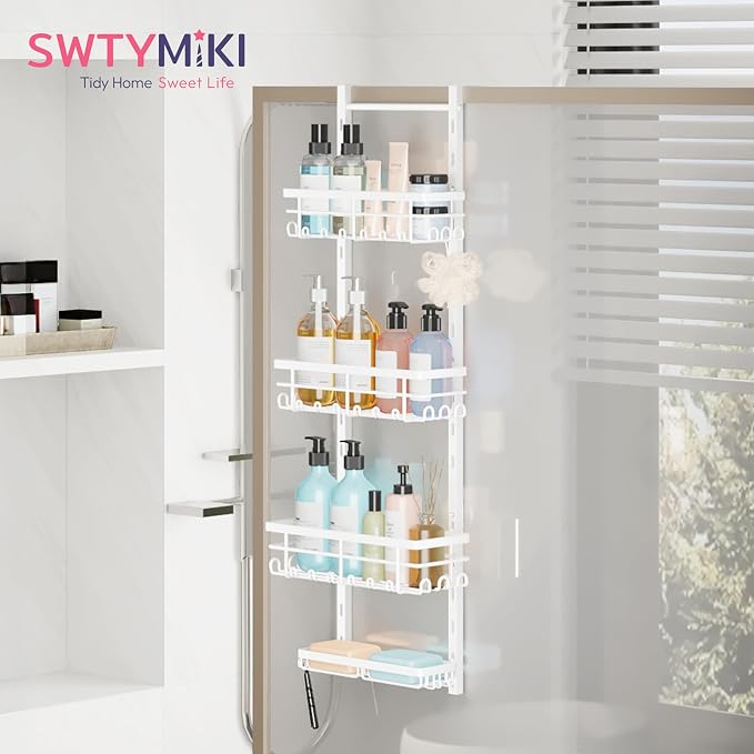 SWTYMIKI Over The Door Shower Caddy - 4 Tier Rustproof Hanging Shower Organizer with Adjustable Shelves, 40 Hooks & Soap Holder, Hanging Shower Rack Storage for Bathroom Accessories, White - Image 2