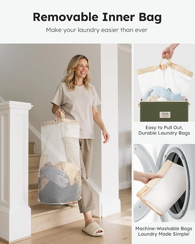 SOLEDI Laundry Hamper with Lid 100L Large & Tall Collapsible Laundry Basket, Clothes Hamper with Bag Removable Easy to Carry, Dirty Hampers for Bedroom, Bathroom, Dorm, College, Avocado - Image 4