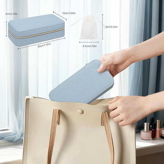 DesignSter Travel Jewelry Case, Woven Embossed PU Leather Jewelry Organizer with Mirror, Small Portable Jewelry Box for Women Rings Necklaces Bracelets Earrings - Image 3