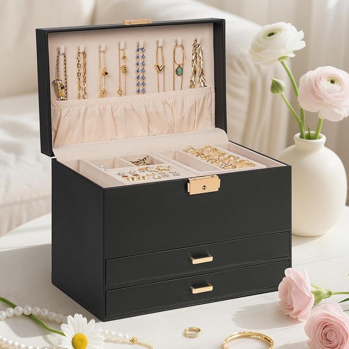 AKOZLIN Travel Jewelry Box Organizer Functional 2-trays Leather Jewelry Storage Case with Lockable Portable 2 Drawers for Women Girls Ring Necklace Earring Bracelet - Image 8
