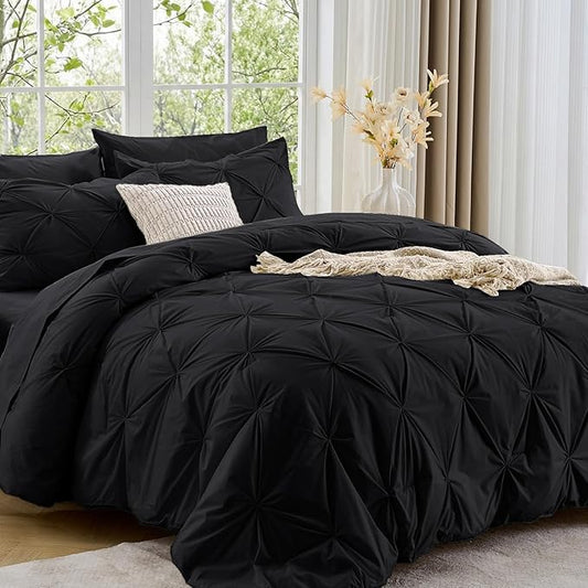 Sasttie Twin XL Comforter Set, 5-Piece Bed in a Bag, Pintuck Bedding Sets for All Season, Includes Comforter, Flat Sheet, Fitted Sheet, Pillowcase and Pillowsham, Black