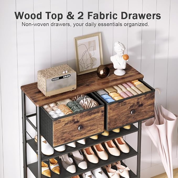 INGIORDAR Shoe Rack Organizer 5 Tier Metal Organizer Shelf with Industrial MDF Board and Layer Fabric for Entryway Closet Bedroom Living Room Garage (Black+Rustic Brown, 4 Tier with 2 Drawers) - Image 4