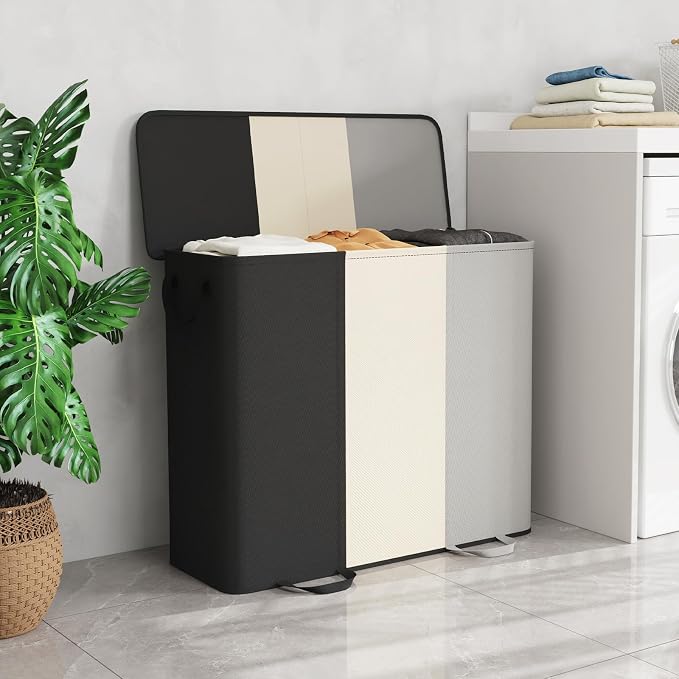 Lifewit Triple Laundry Hamper with Lid and Removable Laundry Bags, Large Collapsible 3 Dividers Dirty Clothes Basket with Handles for Bedroom Laundry Room Closet Bathroom College,185L Black&White&Gray - Image 2