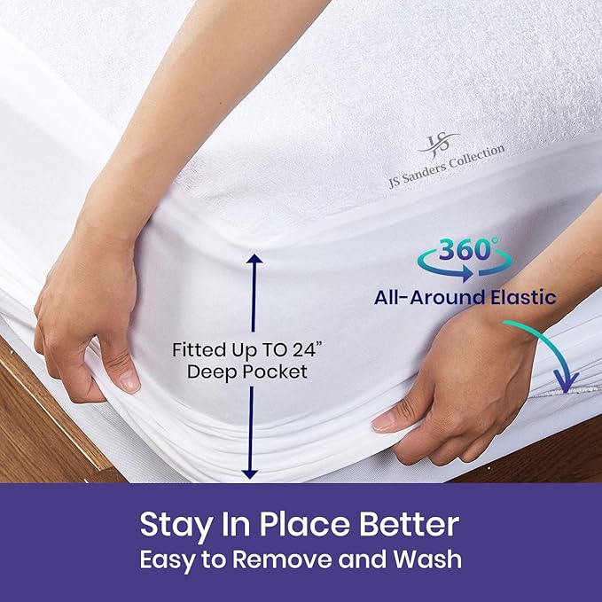 JS Sanders Collection Short Alaskan King 80x108 Size Mattress Topper - 100% Waterproof Cover Protector with 24" Deep Pocket Fitted Style Super Soft Cotton Terry Fabric Mattress Cover