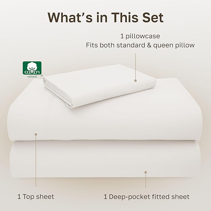 California Design Den Twin XL Sheet Set - 100% Cotton, Luxuriously Soft 600 Thread Count Sateen Bedding, Deep Pocket XL Twin Sheets - True Ivory