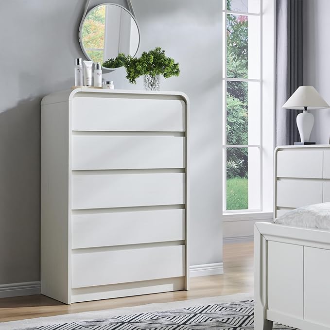 Aitjunz Modern 5 Drawers Dresser for Bedroom, 45" Tall Dressers & Chests of Drawers w/Curved Profile Design, Wood Mid Century Vertical Dresser w/Natural Texture for Bedroom, Living Room, Antique White