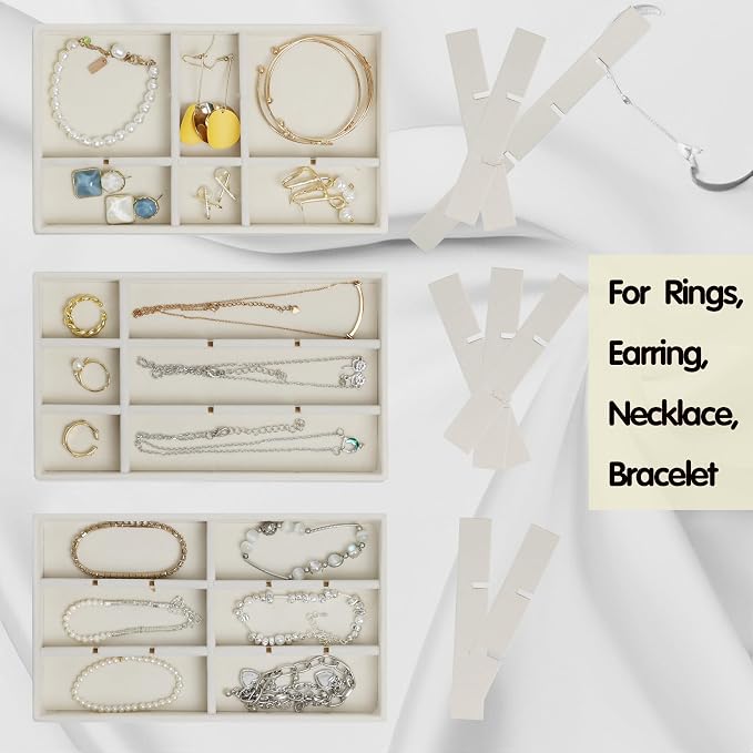 Set of 8 Stackable Jewelry Organizer Trays with 1 Lid for Drawer & Dresser Organizer, Adjustable Velvet Jewelry Box Tray Earring Organizer Necklace Storage Ring Bracelet Display Case (Beige) - Image 4