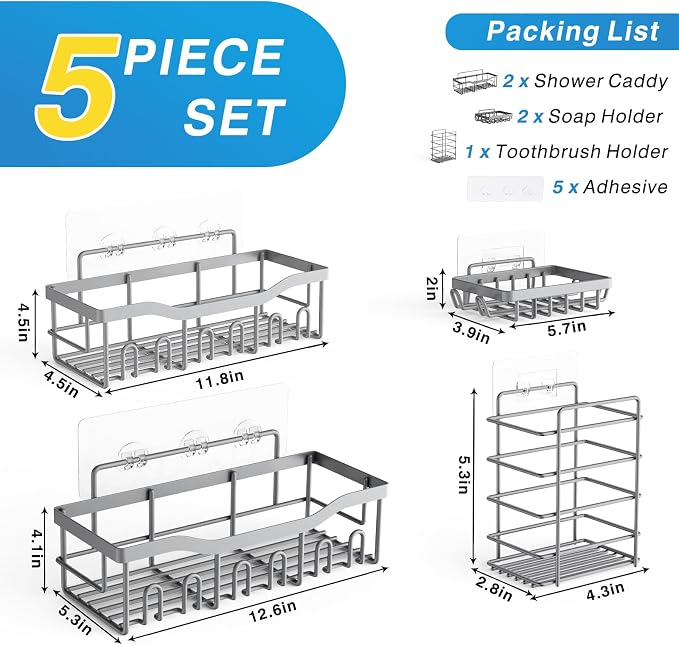 EUDELE 5-Pack Rustproof Stainless Steel Shower Caddy – No Drill Adhesive Bathroom Organizer with Large Capacity, Spacious Shower Shelves for Inside Shower, Kitchen & Home Decor Storage-XL Size - Image 7