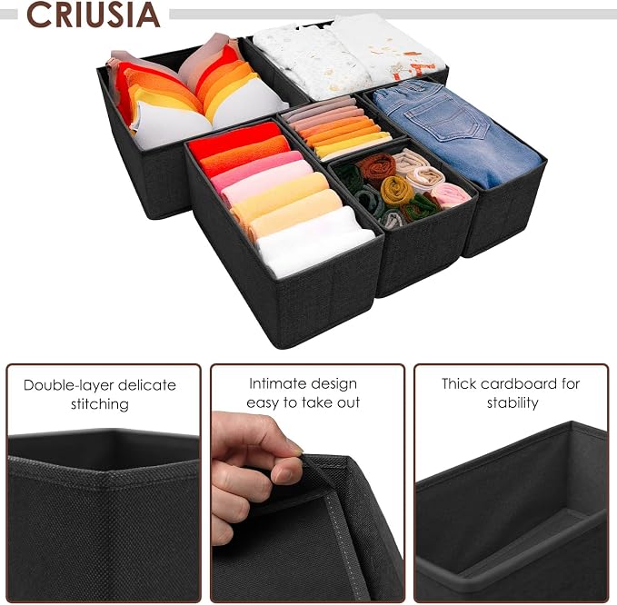 Criusia 6 Pack Clothes Drawer Organizer Dividers, Fabric Foldable Closet Dresser Drawer Organizer for Clothing, Bra Sock Underwear Drawer Organizer for Nursery Bedroom Organization (6 Bins, Black) - Image 2