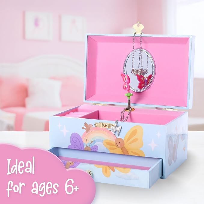 The Memory Building Co Butterfly Musical Jewelry Box Plays Classic Melody, Storage Organizer Music Box for Kids Ages 6-12, MDF Wood w/ 2 Fabric Lined Ring Bracelet Necklace Treasure Compartments - Image 8