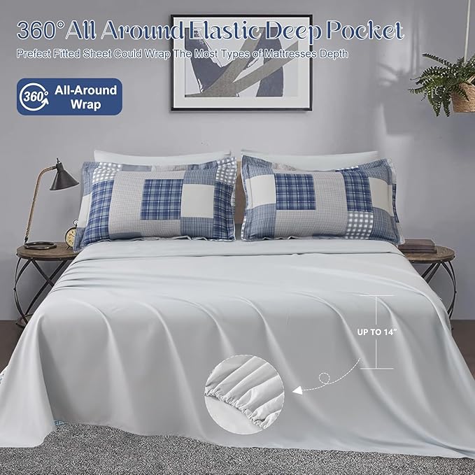 Comforter Set Queen Size Plaid Patchwork Comforter Bedding-7 Piece Bed in a Bag,Soft Fluffy Reversible Microfiber Bedding Set(1 Comforter,1 Flat Sheet,1 Fitted Sheet,2 Pillowcases,2 Pillow Shams),Blue
