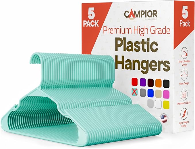 Plastic Clothes Hangers – Heavy Duty Hanger Set, for Organizing Clothes, Dresses, and Coat, Holds Up to 5 lbs, Space-Saving Hangers with Non-Slip Shoulder Grooves, Pack of 5, Aqua by Campior