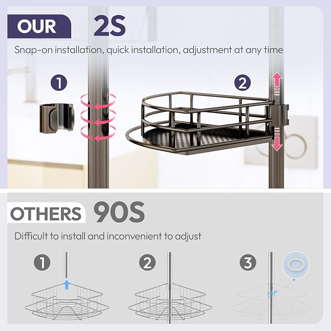 SWTYMIKI Shower Caddy Tension Pole - 4-Tier Corner Shower Organizer Tension Rod, Toothbrush Holder & 4 Hooks, Adjustable Stainless Steel Bathroom Organizer 27.6 to 108.3 inch, Black with Towel Bar - Image 5