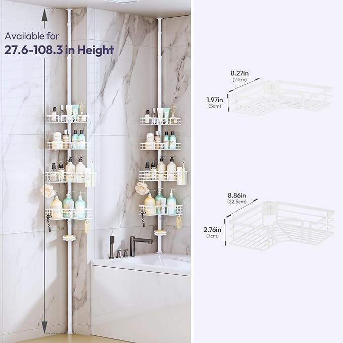 SWTYMIKI Shower Caddy Tension Pole - 4-Tier Corner Shower Organizer Tension Rod with Soap Holder, Toothbrush Holder & 4 Hooks, Adjustable Stainless Steel Bathroom Organizer 27.6 to 108.3 inch, White - Image 7