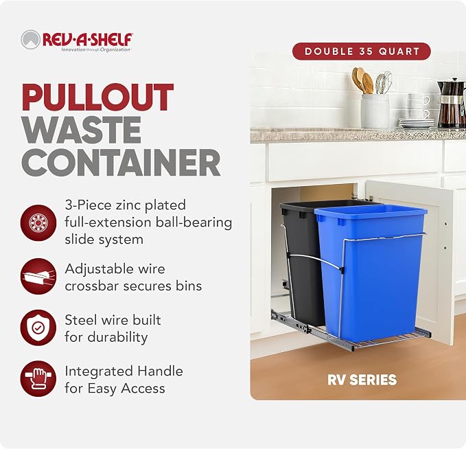 Rev-A-Shelf RV-18KD-2218C-S Double Pullout Trash Cans for Kitchen Cabinets 35 Quart Garbage Recycling Bin on Full Slides, Blue/Black - Image 2