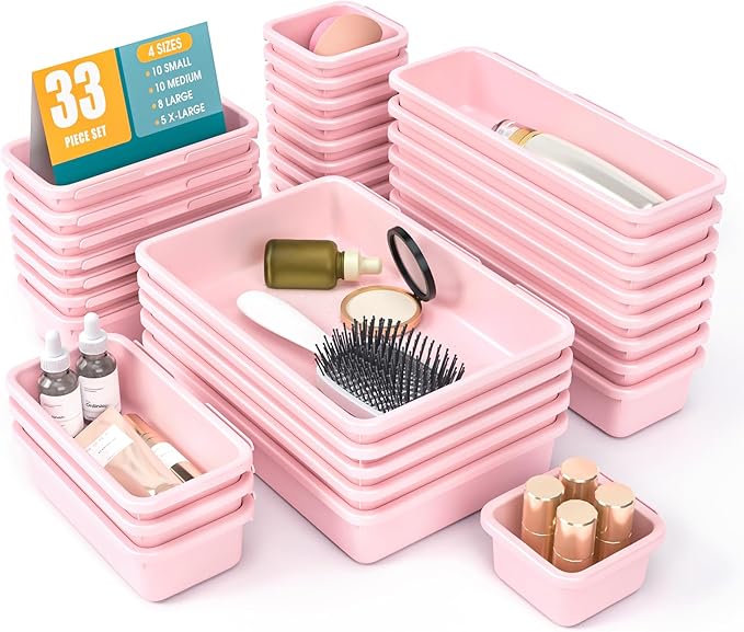 33 PCS Drawer Organizer Set, 4 Size Makeup Drawer Divider Organizer With Non-Slip Pads, Interlocking Plastic Storage Bins for Office,Jewelry Vanity,Gadgets, Bathroom,Kitchen, Pink by StoreHappily
